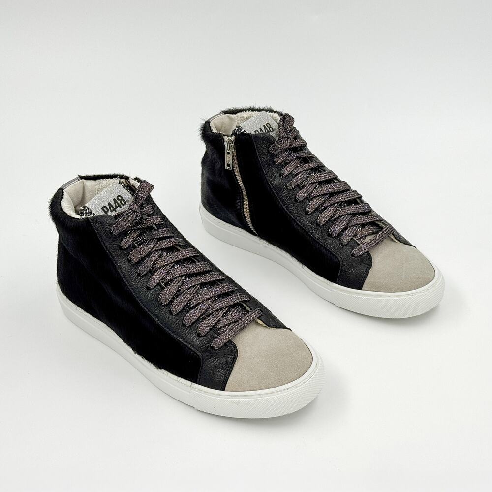 P448 Skate Black Pony Hair Metallic Silver Glitter Zip High Top Sneakers EU 40